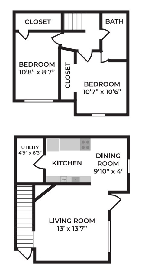 Floor plan for 2 beds, 1 bath, 1050 sqft